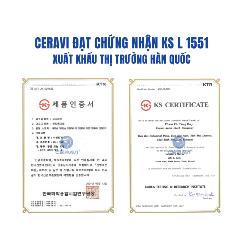 CERAVI HIGH-CLASS CERAMIC SANITARY WARE FACTORY ACHIEVED KS L 1551 CERTIFICATE FOR EXPORT TO KOREAN MARKET