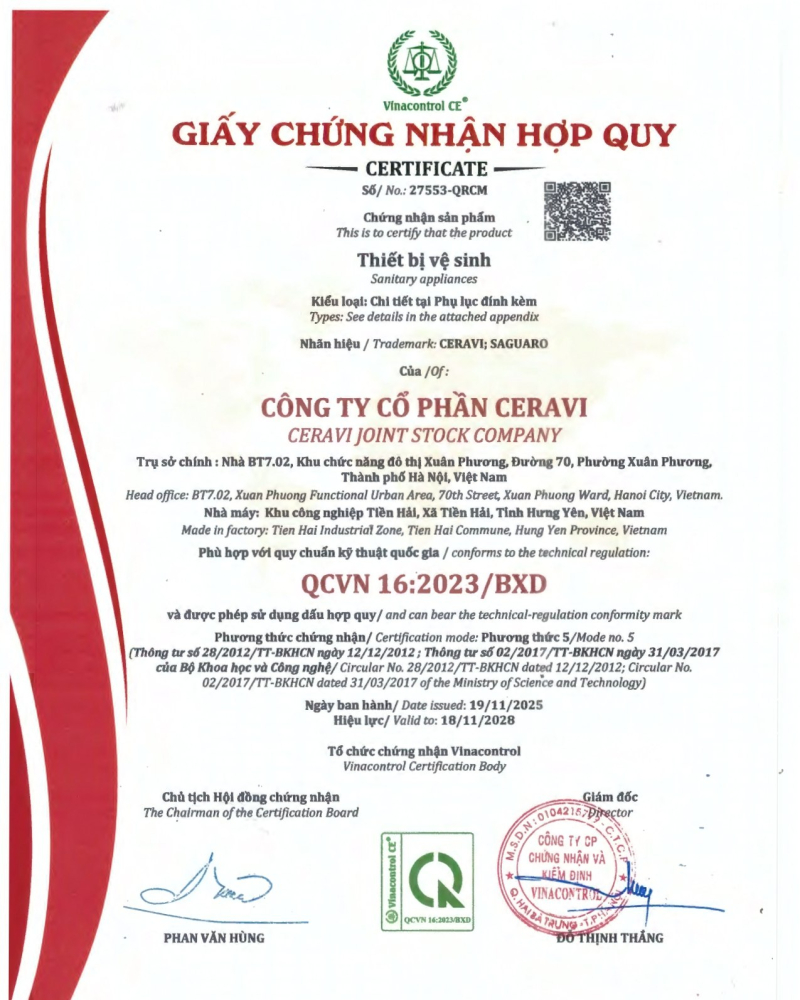 CERTIFICATE OF CONFORMITY QCVN 16:2023/BXD FOR CERAVI AND SAGUARO SANITARY CERAMIC PRODUCTS